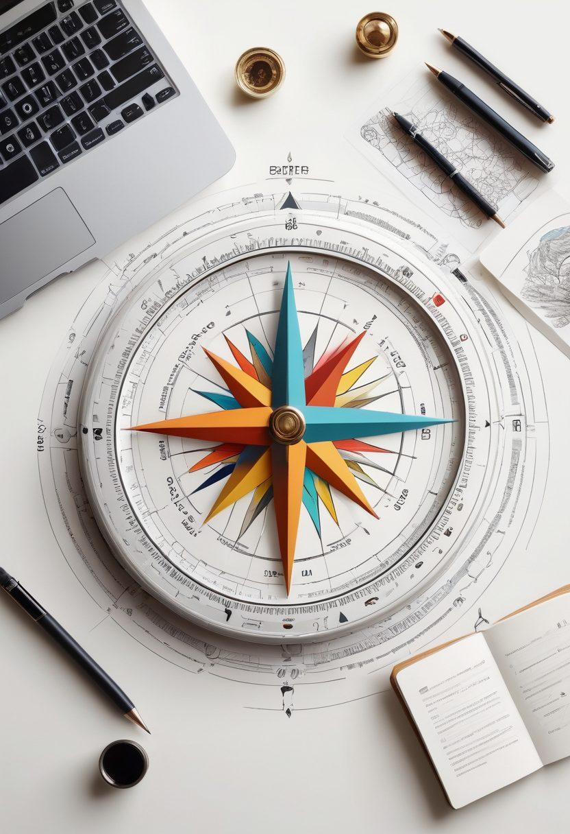 An intricate compass surrounded by various blogging tools like a laptop, camera, and notepad, set against a vibrant landscape dotted with niche icons (like fitness, travel, food, etc.). The compass should symbolize guidance with paths leading to each niche, showcasing diversity in blogging genres. Bright colors to evoke creativity and inspiration. super-realistic. vibrant colors. white background.