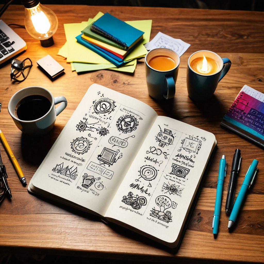 An open notebook filled with colorful sketches and notes, surrounded by a laptop, a coffee cup, and inspirational quotes on sticky notes. Visual elements like a light bulb and gears symbolizing ideas and creativity can be included in the background, all set on a wooden desk with warm lighting. super-realistic. vibrant colors. soft focus.